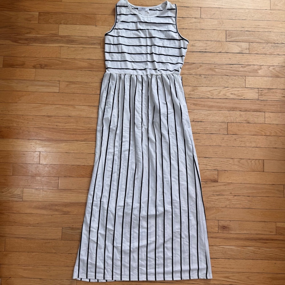 Hount Womens Striped Sleeveless Maxi Dress‎ White Black Crew Neck Stretch Size M